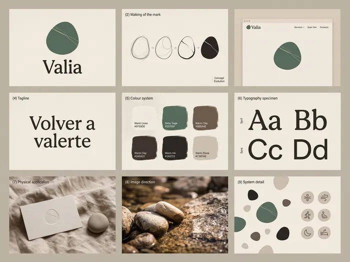 Tablero del canto rodado: un guijarro verde con una veta clara, wordmark serif y sistema de iconos redondos.