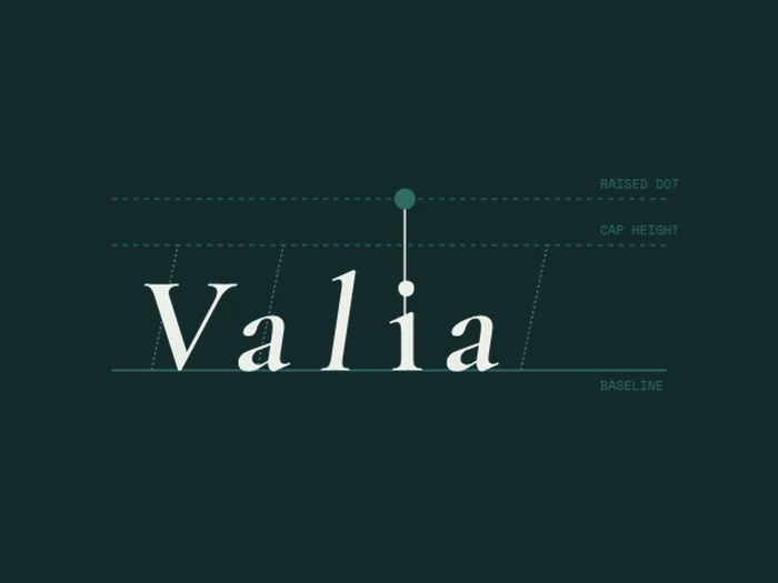 Marca de la i elevada: la palabra Valia con las letras inclinadas y la i recta, más alta y con el punto elevado en verde.